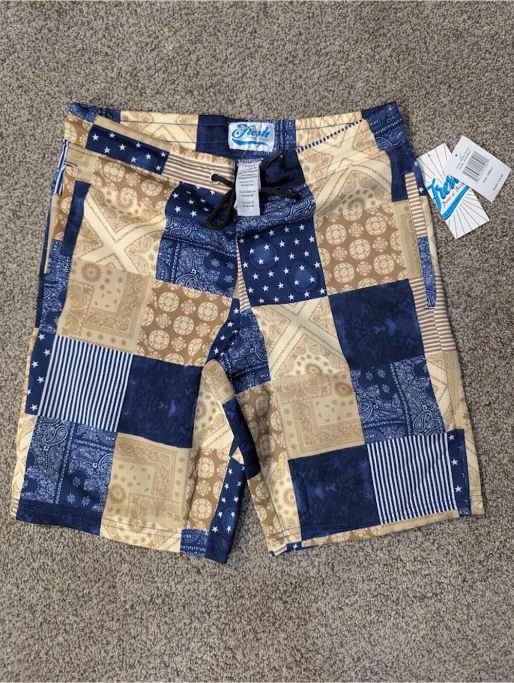 Fresh by Drill Clothing Co Bandana Patchwork Shorts Small NWT Navy D2307-Y2779